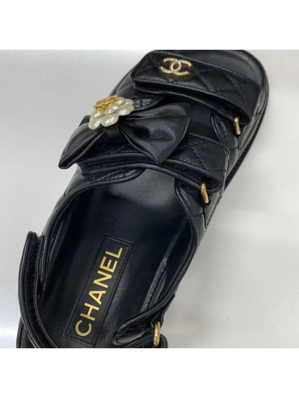 Chanel CC Logo Quilted Camellia Rhinestone Leather Sandals